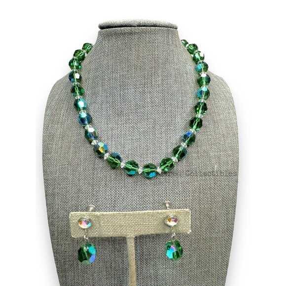 Unbranded Jewelry - Green Aurora Borealis Crystal Screwback Earring Necklace 12"-15" Hook Clasp Set
